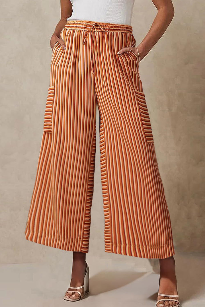 Women’s Wide-Leg Pants - Relaxed Fit - Breathable Blend - Drawstring Waist - Striped