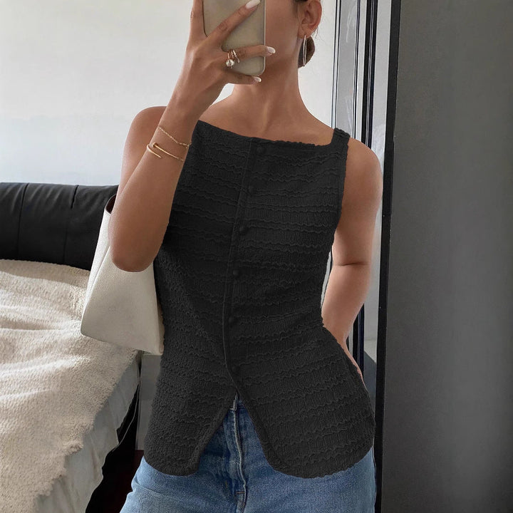 Women’s Sleeveless Top - Square Neckline - Textured Fabric - Front Slit - Fitted Silhouette