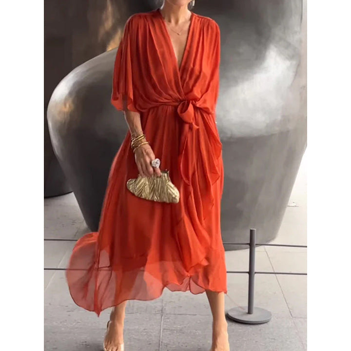 Women’s Maxi Dress – Flowing Fit – Batwing Sleeves – Tie Waist – Asymmetrical Hem