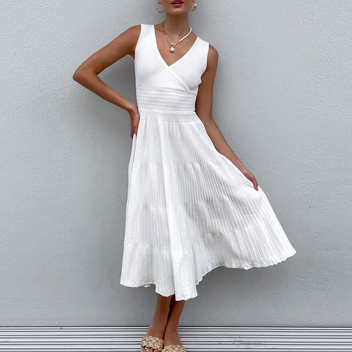 Women’s Midi Dress – Soft Knit – Sleeveless – V-Neck – High Waist – Pleated A-Line
