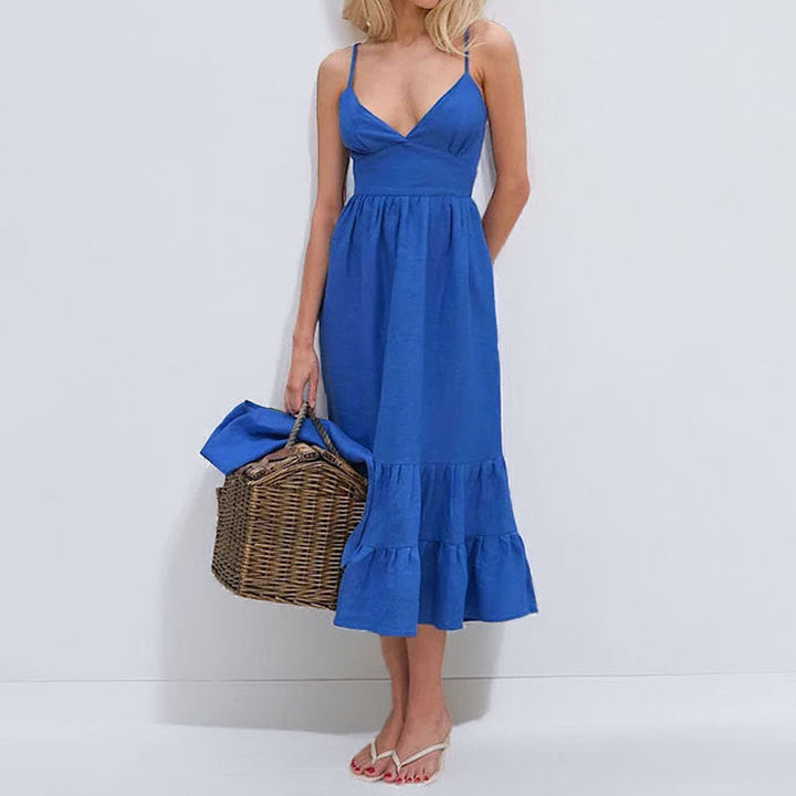 Women’s Midi Dress – V-Neck – A-Line Silhouette – Tiered Ruffle Hem – Spaghetti Straps