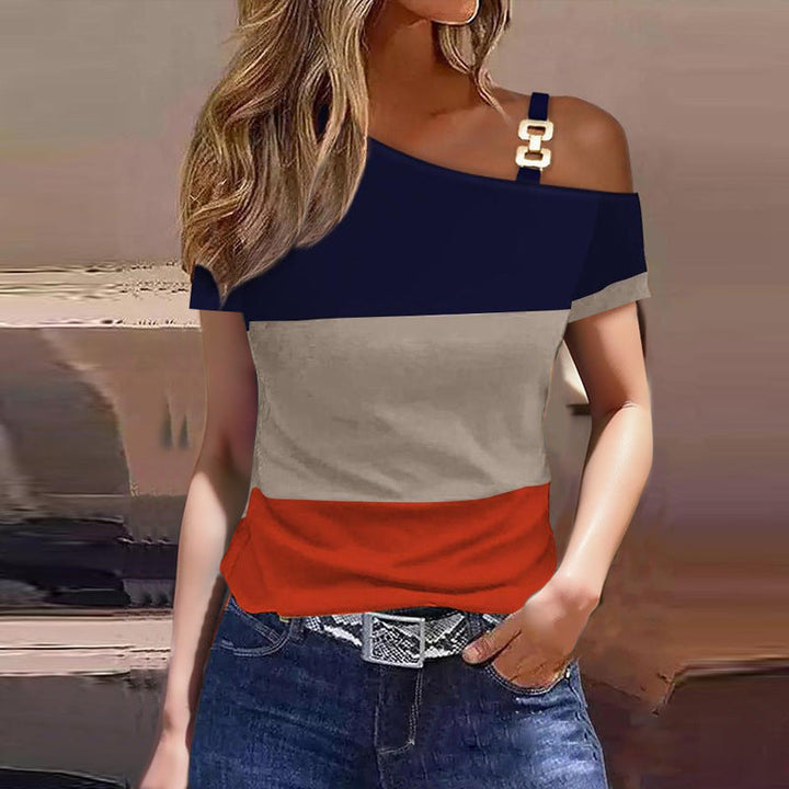Women’s Short Sleeve Top – Relaxed Fit – Off Shoulder Strap – Script Print – Metal Button Accent