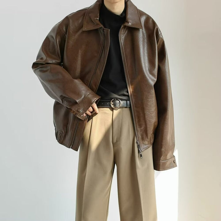 Men’s Leather Jacket - Oversized Fit - Cropped Length - Zip Front - Street Style