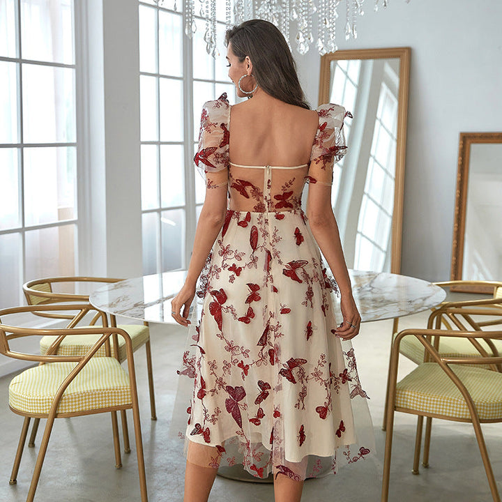 Women's Off-Shoulder Midi Dress – Sweetheart Neckline – Embroidered Tulle – A-Line Fit
