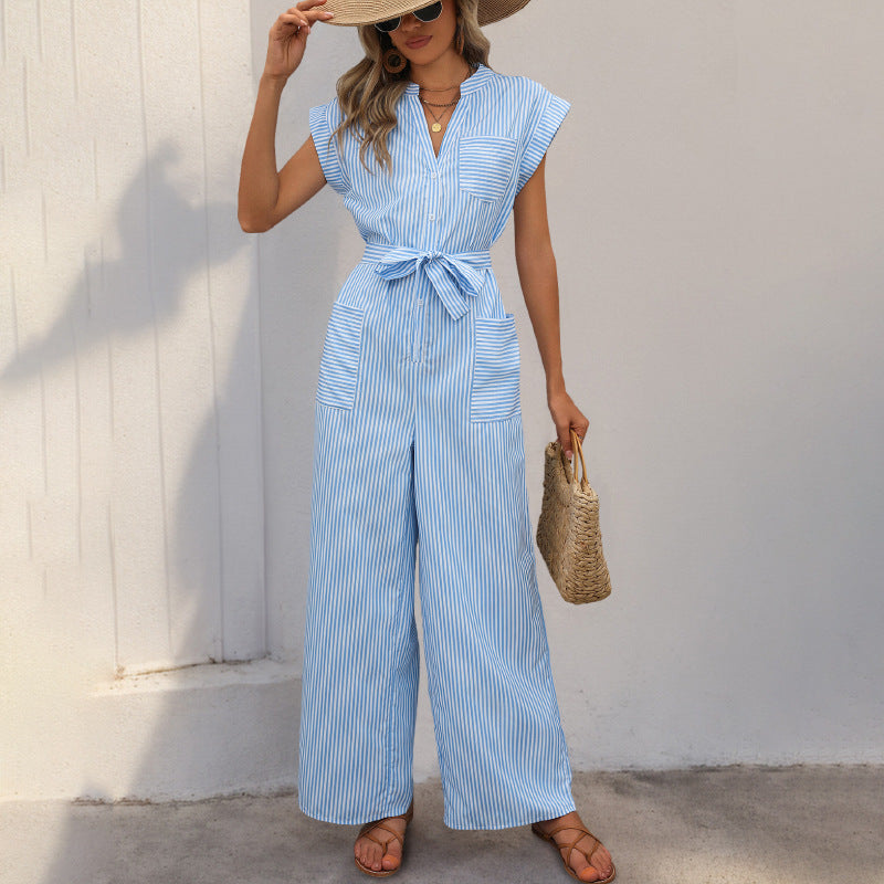 Women’s Jumpsuit - V-Neck - Wide Leg - Tie Waist - Cotton Blend - Short Sleeve Casual Fit