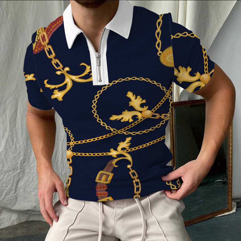 Men’s Polo Shirt – Slim Fit – Checkered Pattern – Zip Collar – Short Sleeve Casual – Cotton