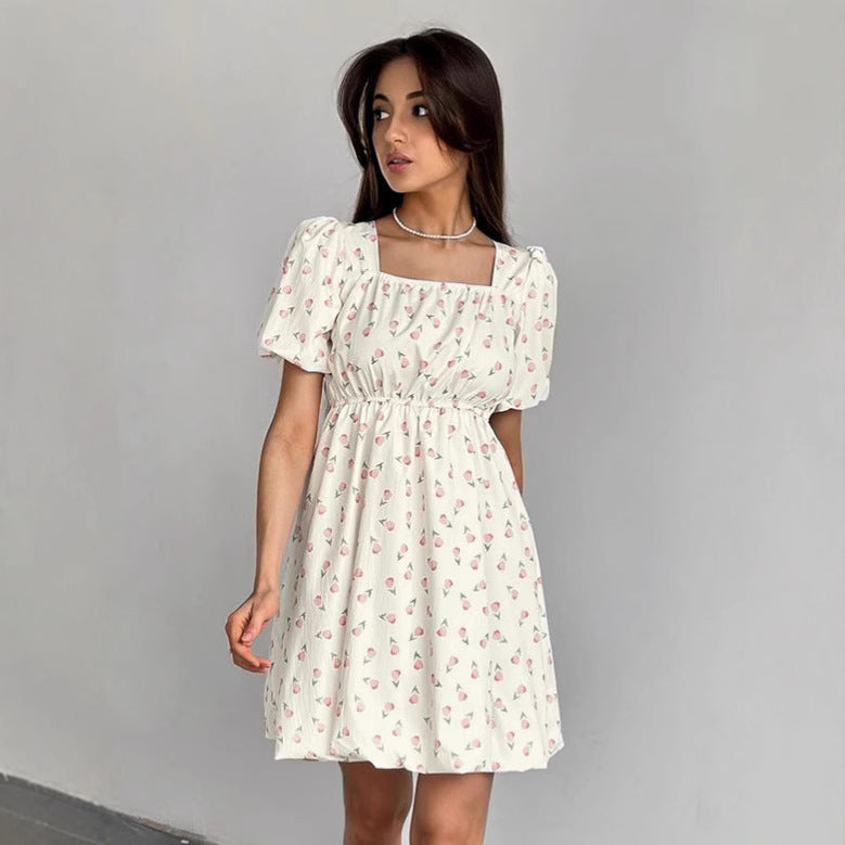 Women’s A-Line Dress – Square Neck – Puff Sleeve – Fitted Waist – Subtle Print