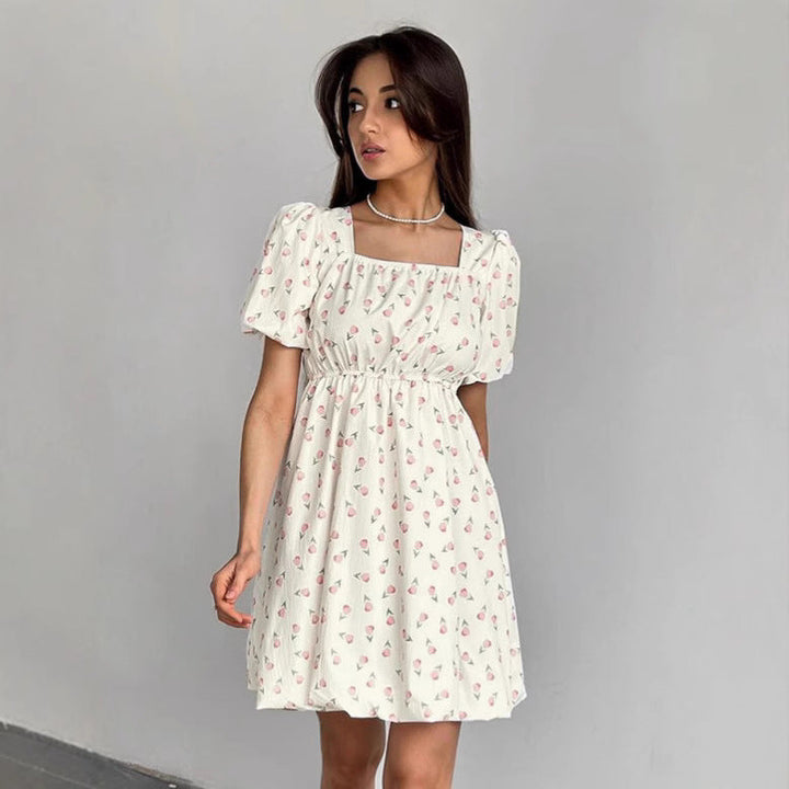 Women’s A-Line Dress – Square Neck – Puff Sleeve – Fitted Waist – Subtle Print