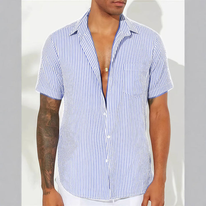 Men’s Button-Up Shirt – Relaxed Fit – Short Sleeve – Breathable Blend – Striped Casual Style