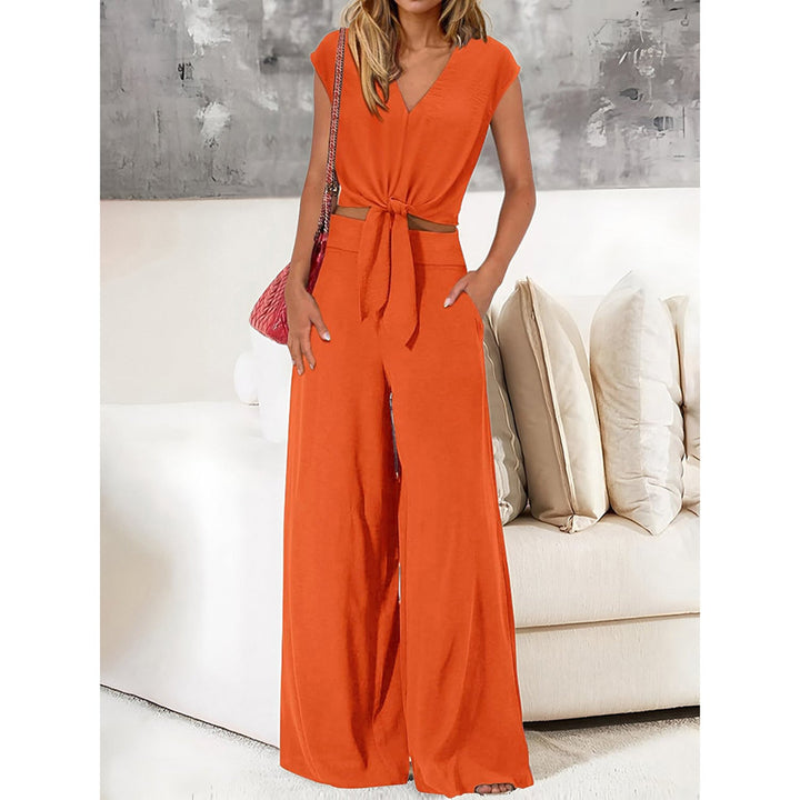 Women’s Two-Piece Set - V-Neck Crop Top Tie Front - High-Waist Wide-Leg Pants