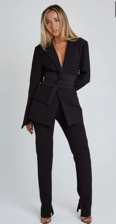 Women’s Blazer - Tailored Longline Fit - Self-Tie Waist - Notched Lapel - Flap Pockets