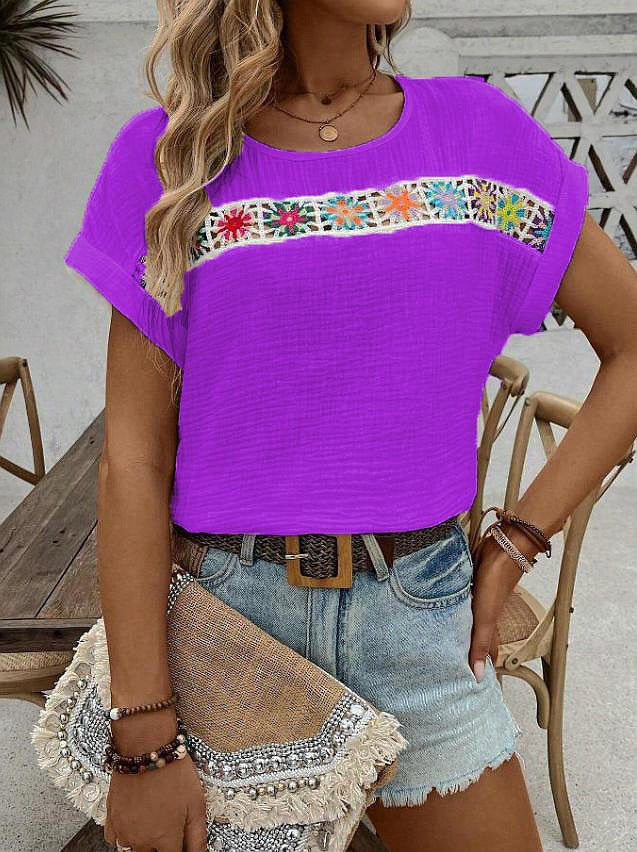 Women’s Blouse – Relaxed Fit – Embroidered Boho Detail – Breathable Crinkled Fabric