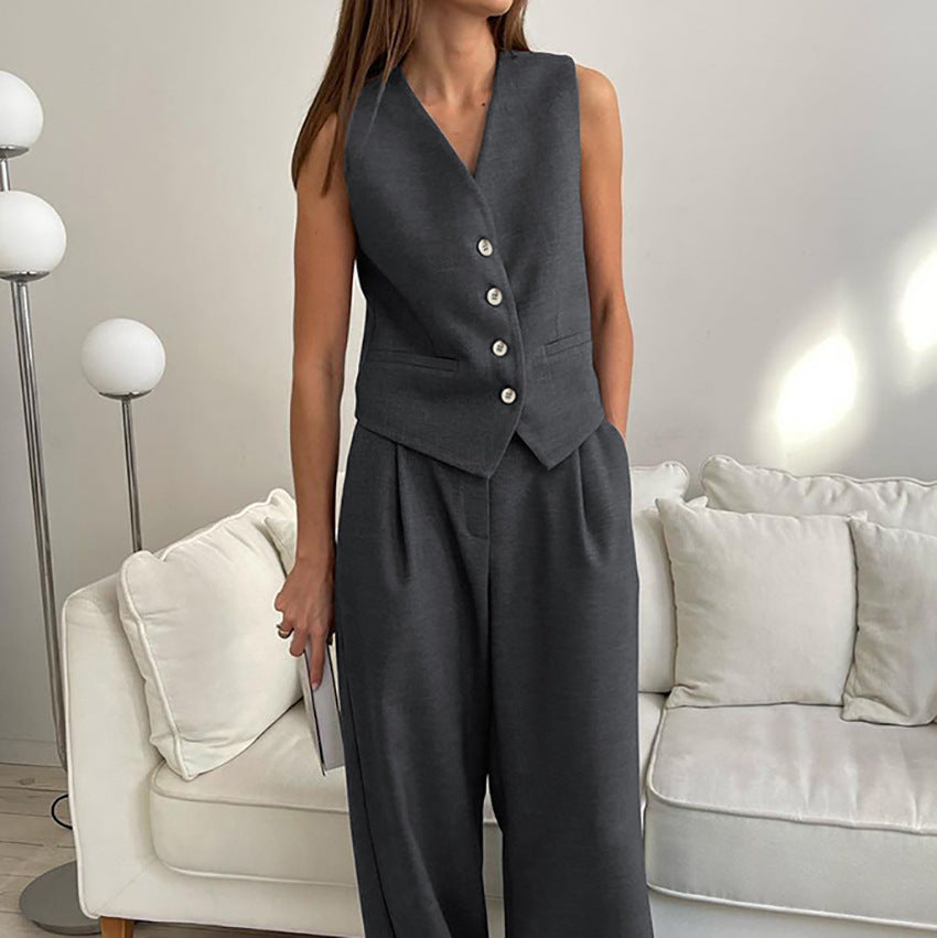 Women’s Vest and Trousers Set – Tailored Fit – High Waist – Wide Leg – Belted Suit Style