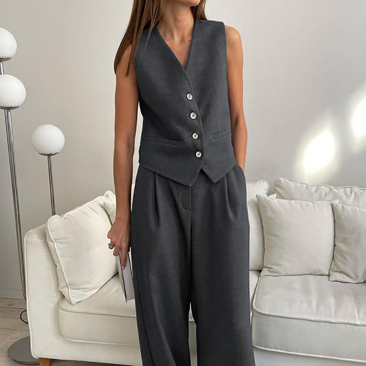 Women’s Vest and Trousers Set – Tailored Fit – High Waist – Wide Leg – Belted Suit Style