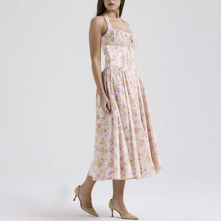 Women’s Halter Neck Dress – Satin Feel – Fitted Bodice – Gathered Bust – Midi A-Line Skirt