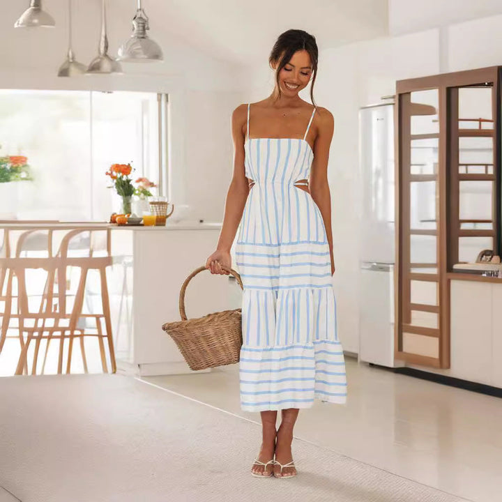 Women’s Midi Dress – Spaghetti Straps – Square Neck – Cut-Out Sides – Tiered Skirt