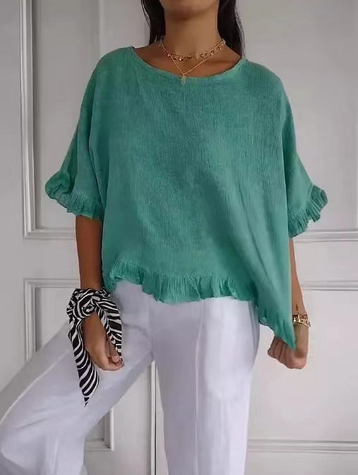 Women’s Blouse – Cotton Linen – Relaxed Fit – Ruffle Hem – Round Neck – Short Sleeve