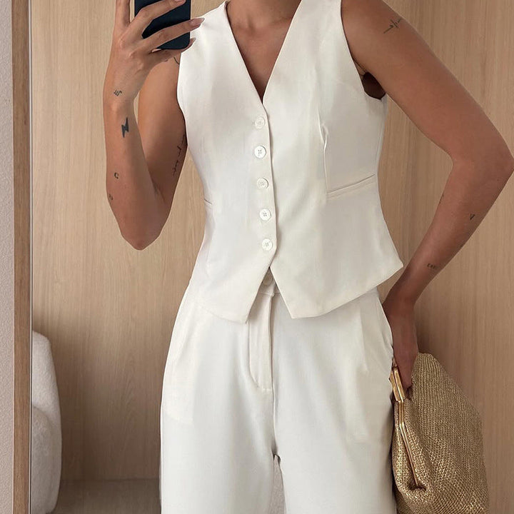 Women’s Two-Piece Set – V-Neck Cropped Top – High Waist Straight Leg Pants