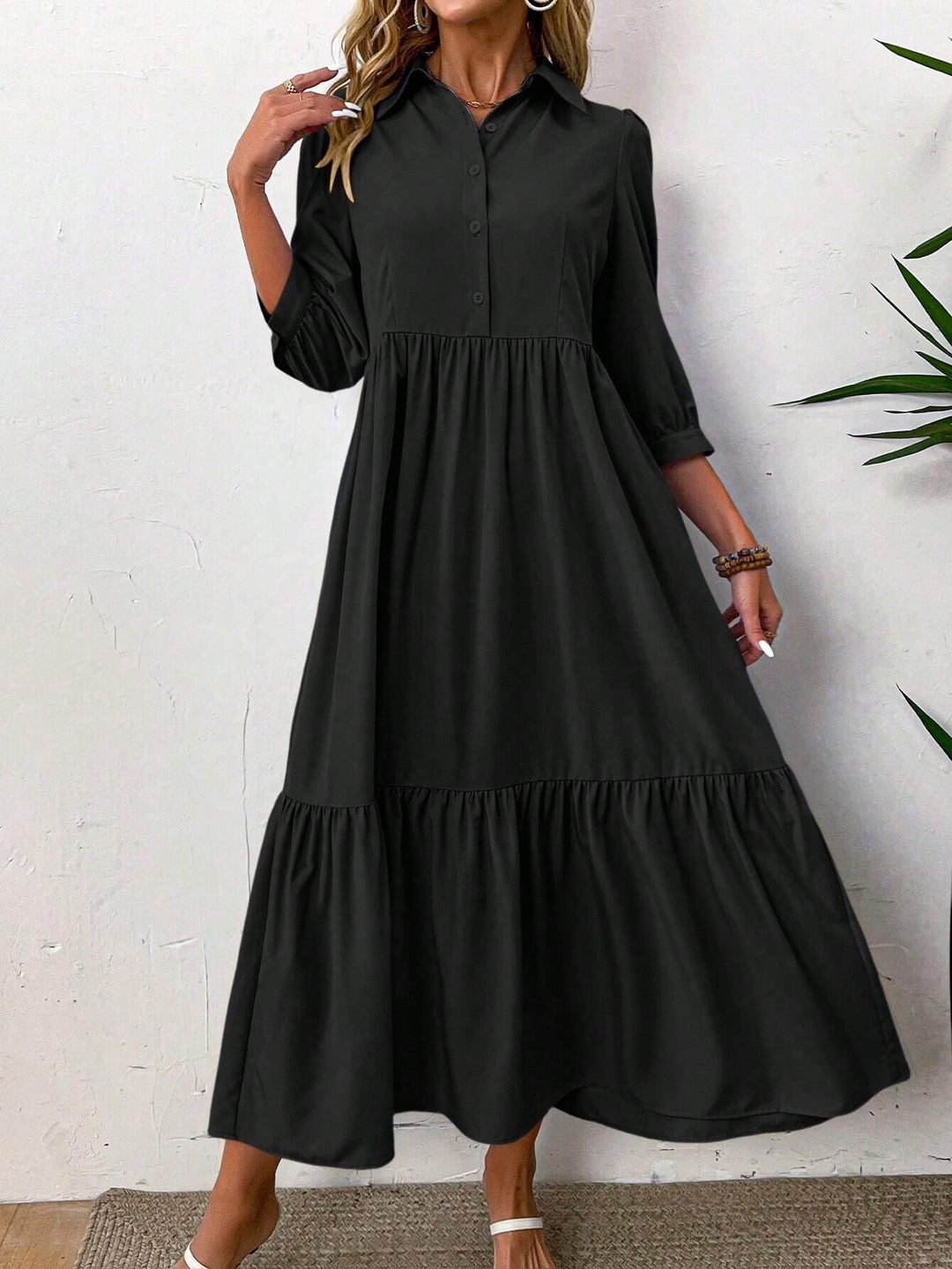 Women's Dress - Button-Down Collared - 3/4 Sleeves - Maxi Length