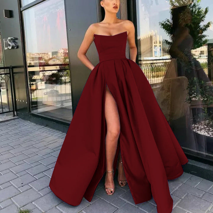 Women’s Evening Gown – Strapless Luxury Fabric – Fitted Bodice – Flowing Skirt with Slit