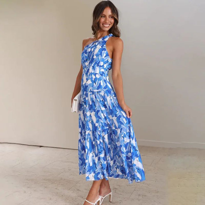 Women’s Maxi Dress – One Shoulder – A-Line Fit – Sleeveless – Printed Breathable Blend