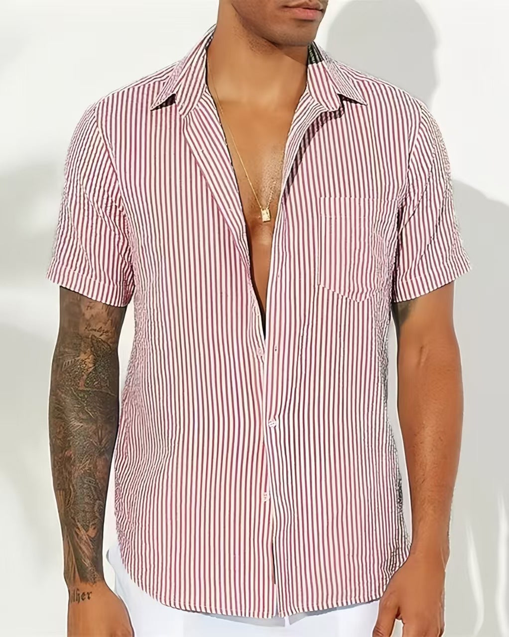 Men’s Button-Up Shirt – Relaxed Fit – Short Sleeve – Breathable Blend – Striped Casual Style