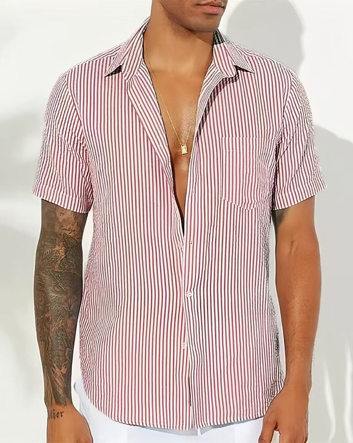 Men’s Button-Up Shirt – Relaxed Fit – Short Sleeve – Breathable Blend – Striped Casual Style