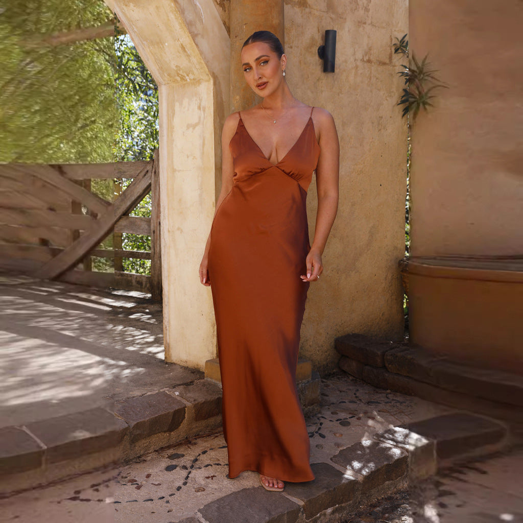 Women’s Maxi Slip Dress – V-Neck – Spaghetti Straps – Elegant Flowing Silhouette