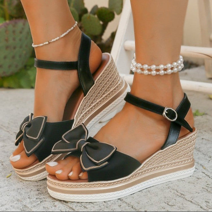 Women’s Wedge Sandals – Platform Heel – Ankle Strap – Open Toe – Decorative Bow