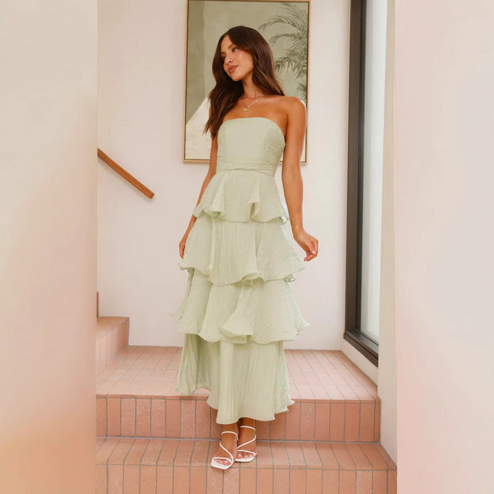 Women’s Strapless Midi Dress – Fitted Bodice – Tiered Ruffle Skirt – Lightweight Flowing Fit