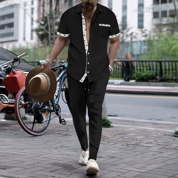 Men’s Two-Piece Set – Cotton – Relaxed Fit – Short Sleeve Shirt & Straight-Leg Pants