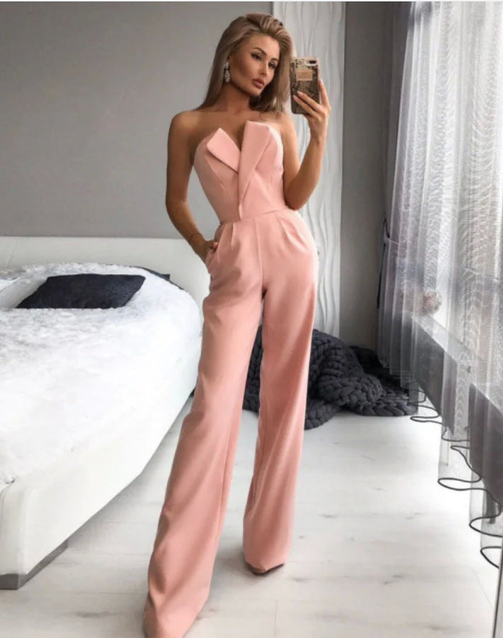 Women’s Jumpsuit - Strapless Asymmetric Neckline - Tailored Fit - Wide Leg Silhouette