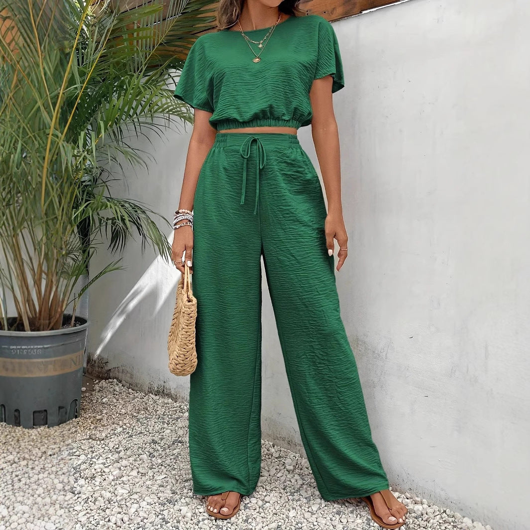 Women’s Two-Piece Set – Crop Top Relaxed Fit – High-Waist Wide-Leg Pants – Textured Fabric