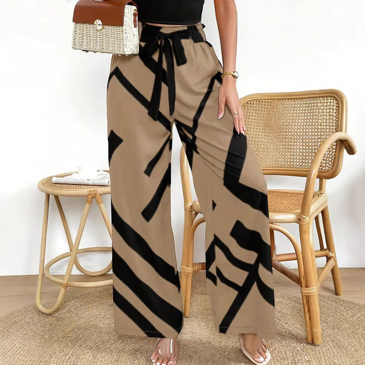 Women’s Wide-Leg Pants – High Waist – Breathable Blend – Graphic Pattern – Belted Fit