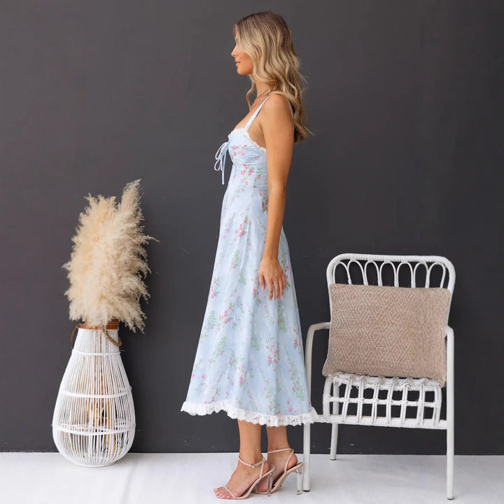 Women’s Midi Sundress - A-Line Fit - Sweetheart Neckline - Lace Trim - Floral Print