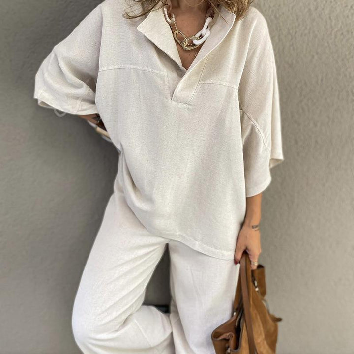 Women’s Two-Piece Set – V-Neck Top – High-Waisted Wide-Leg Pants – Relaxed Fit