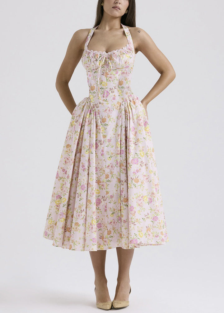 Women’s Halter Neck Dress – Satin Feel – Fitted Bodice – Gathered Bust – Midi A-Line Skirt