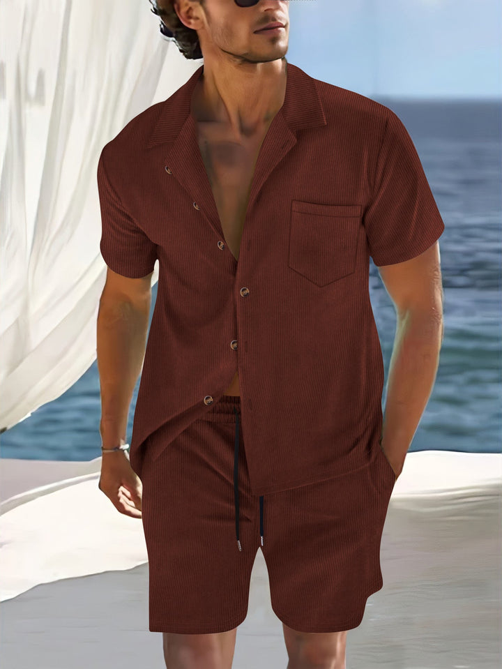 Men’s Short Sleeve Short Set – Relaxed Fit – Vertical Stripe – Lapel Collar – Button Front