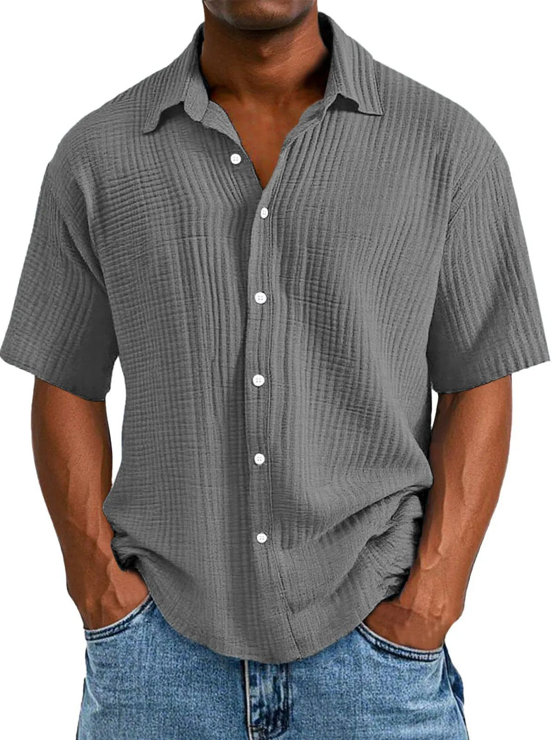 Men’s Short Sleeve Shirt – Relaxed Fit – Wrinkled Texture – Breathable Double Layer