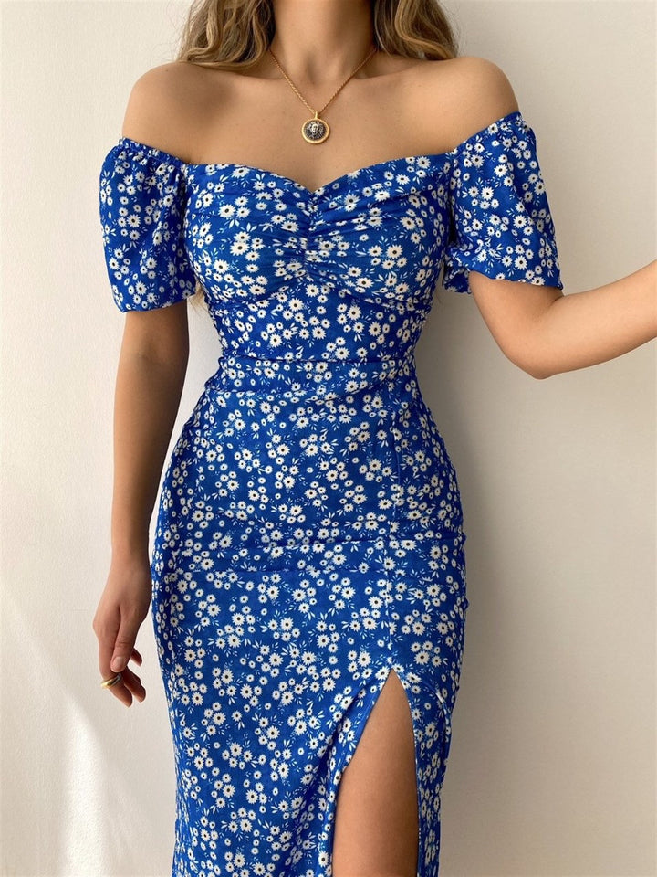 Women’s Off-Shoulder Dress – Sweetheart Neckline – Puff Sleeves – Slim Fit with Slit