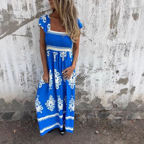 Women’s Maxi Dress – Smocked Bodice – Ruffled Sleeves – Flowy Fit – Breathable Blend