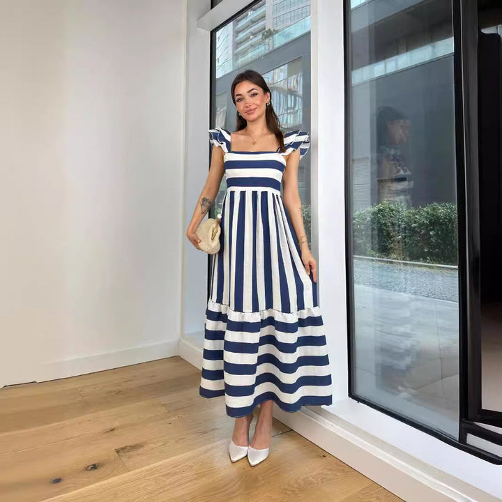 Women’s Maxi Dress – Fitted Bodice – Square Neck – Tiered Skirt – Flutter Sleeve – Striped
