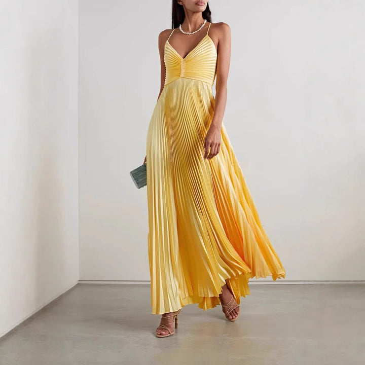 Women’s Maxi Dress – Plunging V-Neck – Empire Waist – Pleated Skirt – Flowy Formal Fit