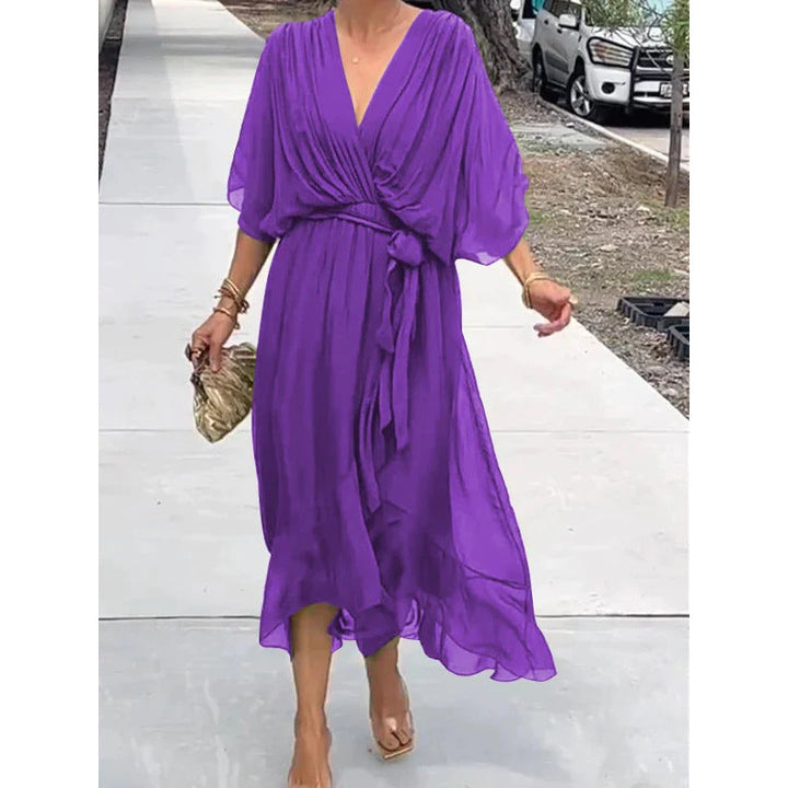 Women’s Maxi Dress – Flowing Fit – Batwing Sleeves – Tie Waist – Asymmetrical Hem