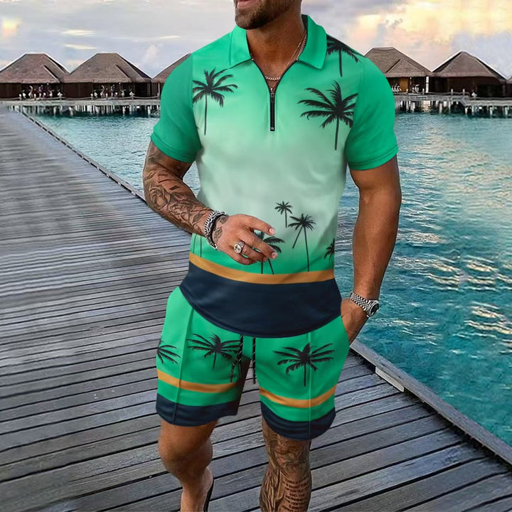 Men’s Two-Piece Set – Slim Fit – Cotton Blend – Zip Neckline – Tropical Print