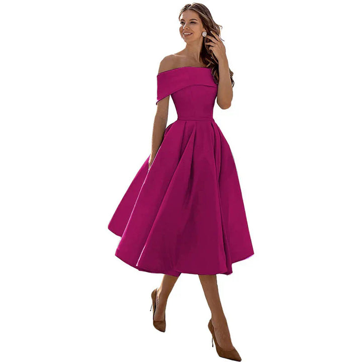 Women's Off-the-Shoulder Midi Dress - Fitted Bodice - Pleated Flared Skirt - Elegant Formal Wear