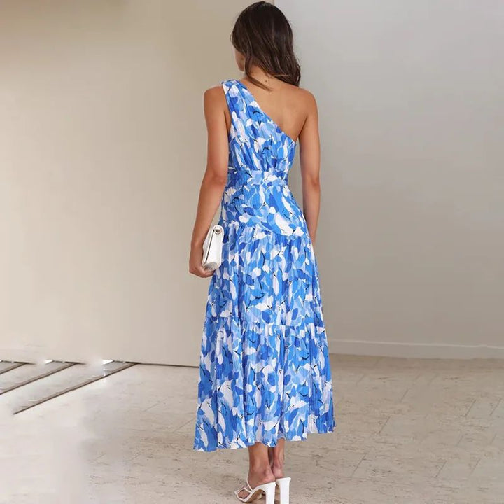 Women’s Maxi Dress – One Shoulder – A-Line Fit – Sleeveless – Printed Breathable Blend