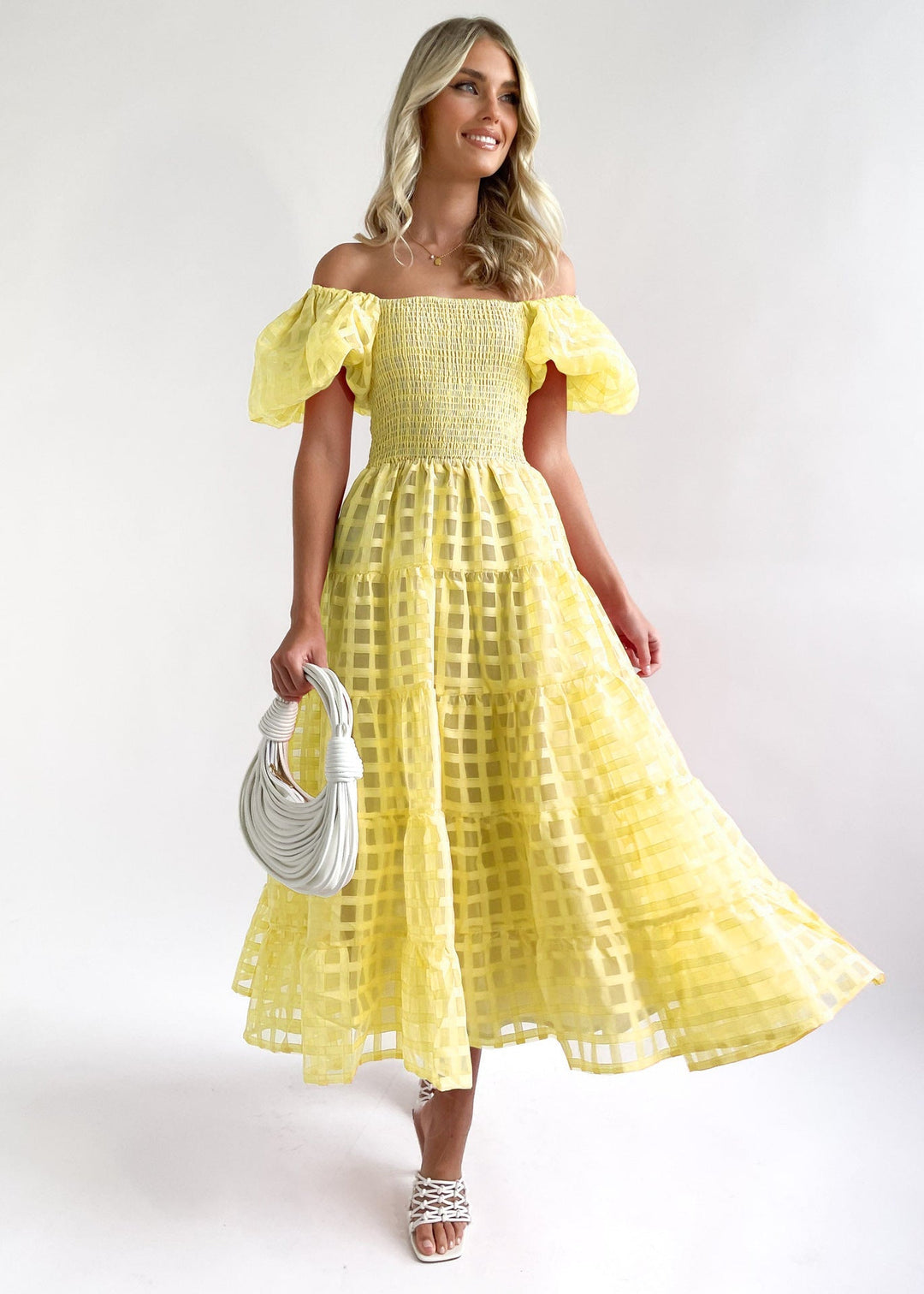 Women’s Maxi Dress – Off-Shoulder Puff Sleeves – Smocked Waist – Flowing Tiered Skirt – Lightweight Breathable Fabric
