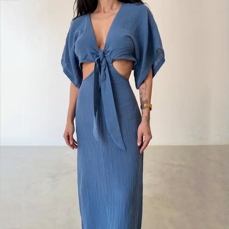 Women’s Two-Piece Set – Tie-Front Crop Top – Flared Sleeves – High-Waisted Maxi Skirt