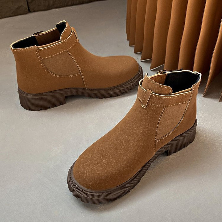 Women’s Ankle Boots - Faux Leather - Round Toe - Thick Sole - Retro Buckle Detail